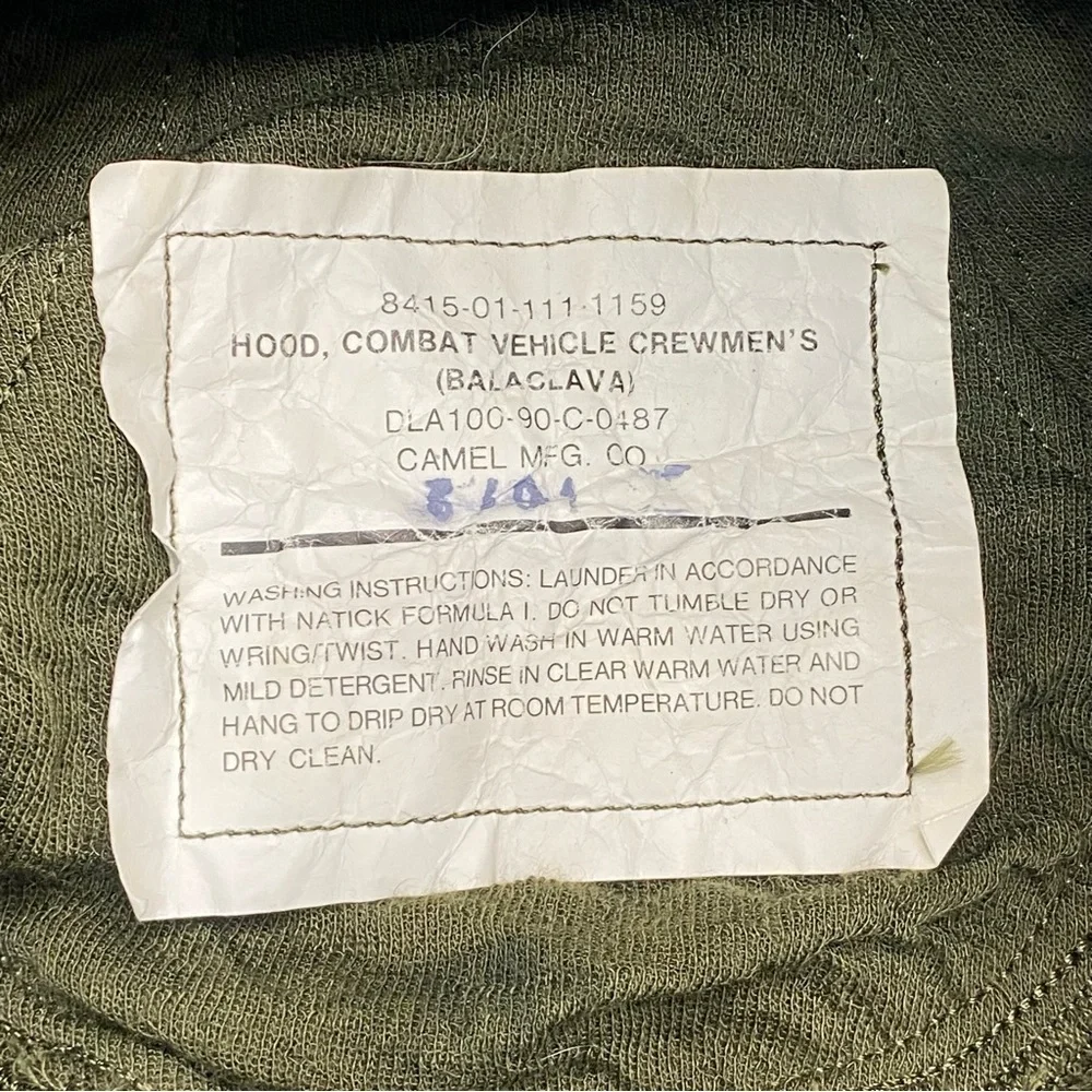 US Military Issue Combat Vehicle Crewmen’s Balaclava Hood Army Green One Size